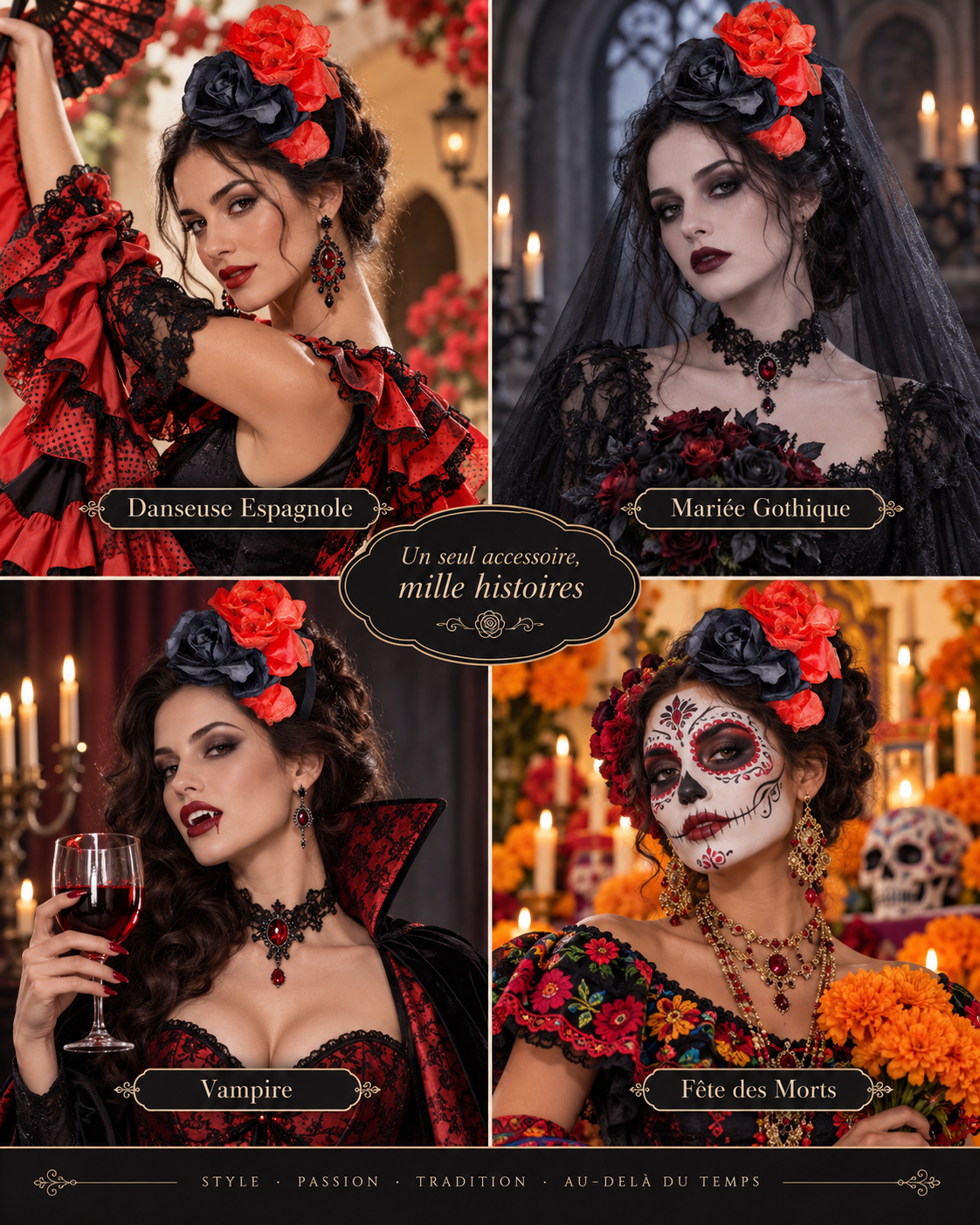 Diadème Fleurs Noires et Rouges – Image 2