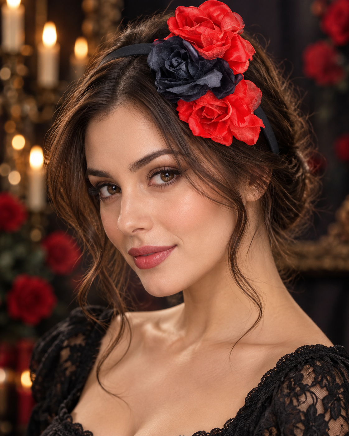Diadème Fleurs Noires et Rouges